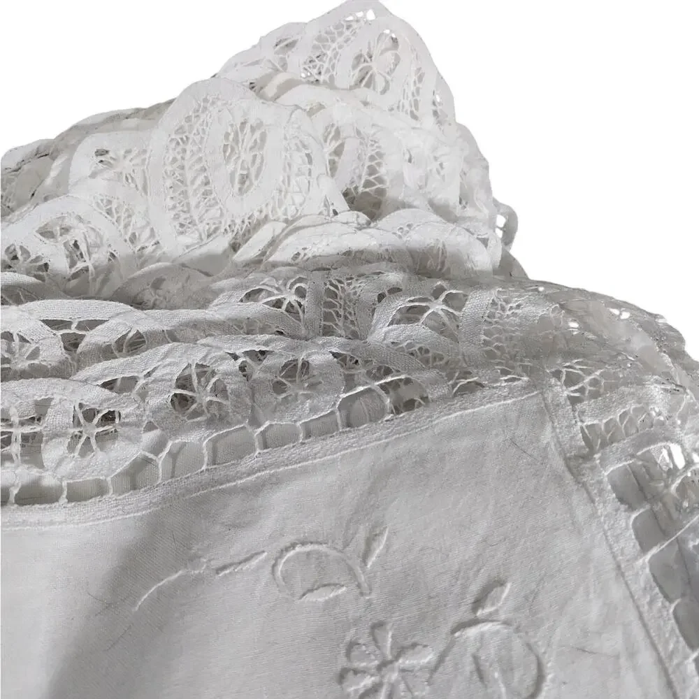 EXQUISITE CROCHET LACE & CUTWORK WHITE COTTON SQUARE EURO PILLOW SHAMS, PAIR-2!